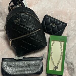 Kate Spade Black Quilted Backpack with Card case bundle